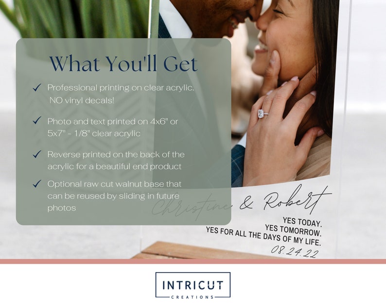 May include: Clear acrylic wedding photo display featuring a couple's photo and names, with the text "What You'll Get" and details about the printing process. Includes the date 08.24.22 and the words "Yes Today, Yes Tomorrow, Yes for all the days of my life."