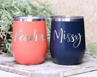 Personalized Engraved Wine Tumbler - Custom Name Wine Cup - Wine Tumbler with Lid - Wine Gift for Her