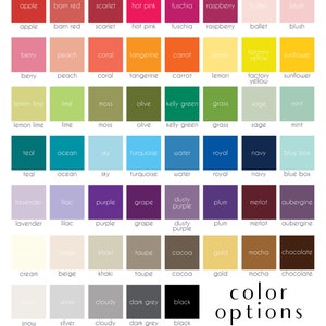May include: A color chart featuring a grid of color swatches with names like "apple," "navy," and "mocha." The text "color options" is displayed below the swatches, with "(default is black)" underneath.