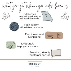 May include: A graphic illustration of what you get when you order from Intricut Creations. The graphic features a heart-shaped outline of the state of Missouri, a checkmark, a delivery truck, five stars, a speech bubble, and the text "Intricut Creations".