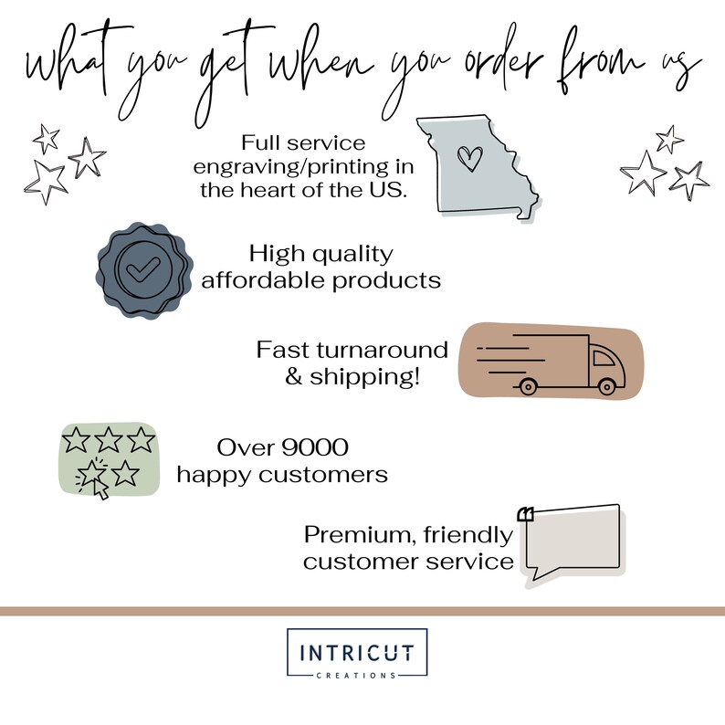 May include: A graphic illustration of what you get when you order from Intricut Creations. The graphic features a heart-shaped outline of the state of Missouri, a checkmark, a delivery truck, five stars, a speech bubble, and the text "Intricut Creations".