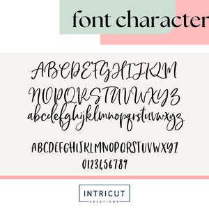 Puede incluir: Una exhibici&oacute;n de caracteres de fuente en una variedad de estilos. La imagen incluye alfabetos en may&uacute;sculas y min&uacute;sculas, junto con n&uacute;meros. El texto "font characters" est&aacute; en la parte superior. El logotipo de Intricut Creations est&aacute; en la parte inferior.