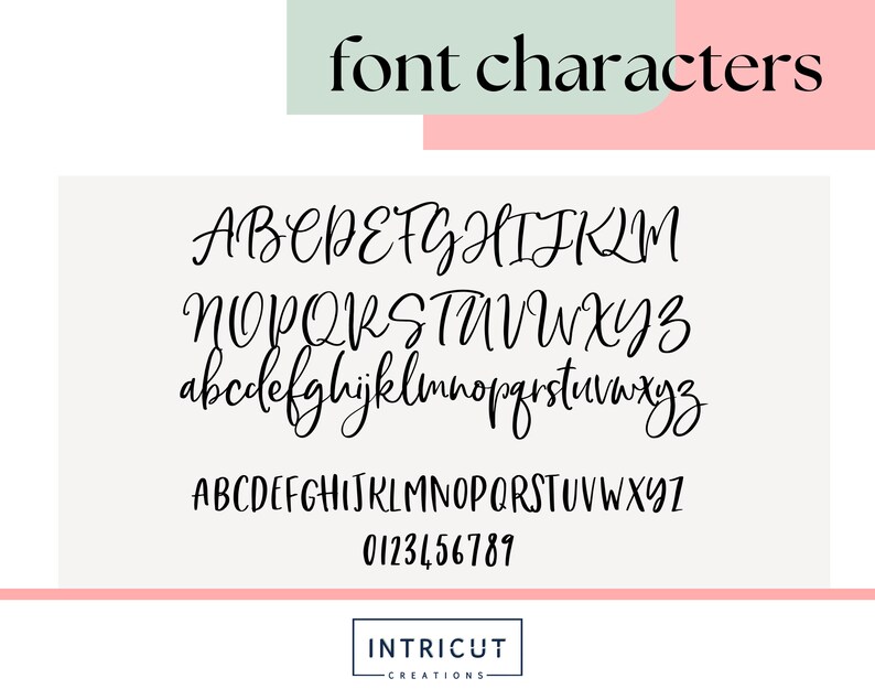 Puede incluir: Una exhibici&oacute;n de caracteres de fuente en una variedad de estilos. La imagen incluye alfabetos en may&uacute;sculas y min&uacute;sculas, junto con n&uacute;meros. El texto "font characters" est&aacute; en la parte superior. El logotipo de Intricut Creations est&aacute; en la parte inferior.