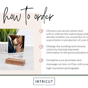 May include: A clear acrylic photo display with a wooden base. The display features a photo of a couple and text that reads "Christine & Robert" and "Yes Today, Yes Tomorrow, Yes For All The Days Of My Life 09.24.22". The words "how to order" are at the top.