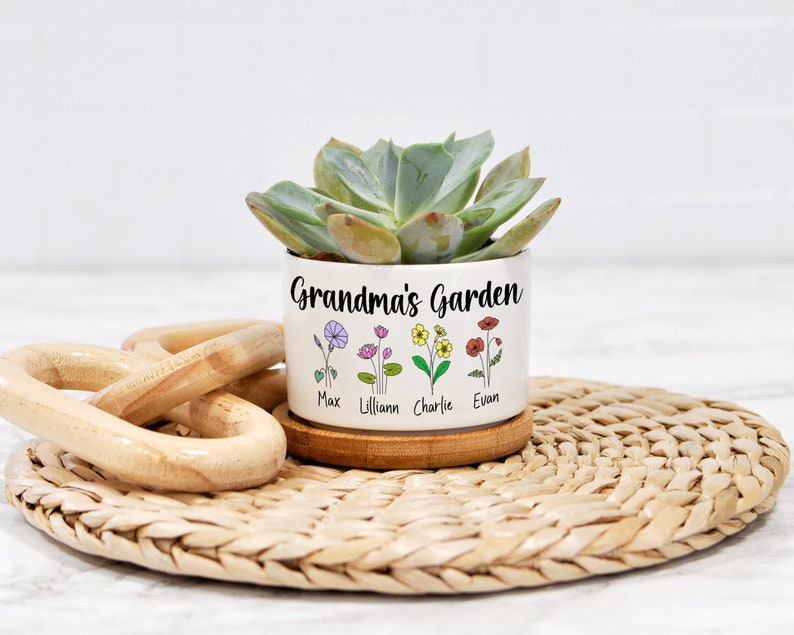 Grandmas Garden Custom Mini Plant Pot Personalized Birth Flower Succulent Planter Mother's Day Gift Gift for Grandma image 1