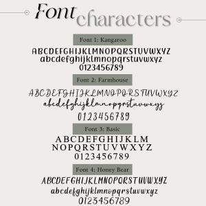 May include: A graphic showcasing four different font styles: Kangaroo, Farmhouse, Basic, and Honey Bear. Each font is displayed with the alphabet in uppercase and lowercase, along with numbers 0-9. The fonts are presented on a light beige background.