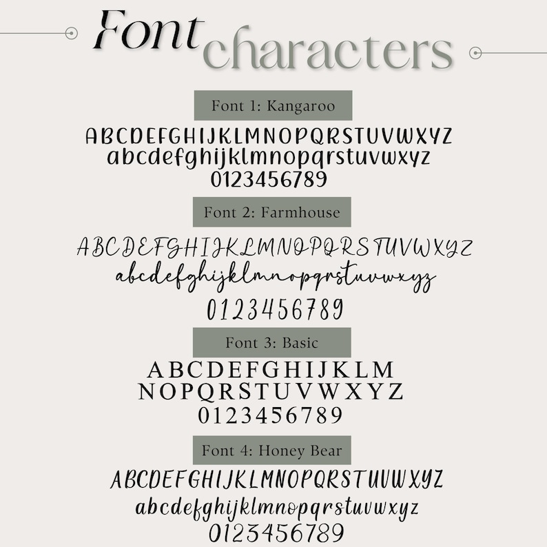 May include: A graphic showcasing four different font styles: Kangaroo, Farmhouse, Basic, and Honey Bear. Each font is displayed with the alphabet in uppercase and lowercase, along with numbers 0-9. The fonts are presented on a light beige background.