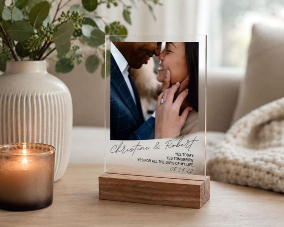 Personalized Acrylic Engagement Photo Frame with Walnut Base, Custom Engagement Gift for Couple