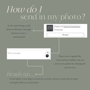 Puede incluir: Un diagrama que muestra c&oacute;mo enviar una foto al propietario de una tienda de Etsy. El diagrama muestra un cuadro de mensaje con un icono de foto y una flecha apuntando hacia arriba. El texto dice "Una vez que haya abierto la ventana de conversaci&oacute;n, puede adjuntar su foto haciendo clic en el icono de la imagen".