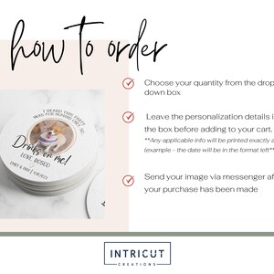 May include: White round coasters with a brown and white dog image in the center. The text on the coaster reads "I heard this party was for humans only so... Drinks on me! Love, Roscoe Emily & Max | 9.19.2023"