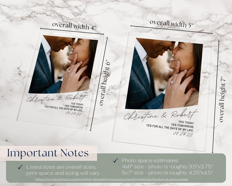 May include: Clear acrylic photo frame with a picture of a couple kissing. The frame is available in 4x6 inch and 5x7 inch sizes. The names "Christine & Robert" and the date "08.24.22" are printed on the frame.