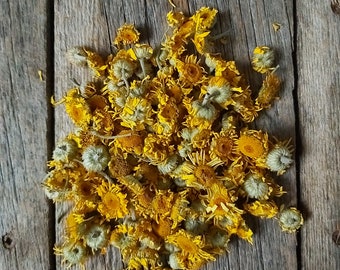 May include: A pile of dried yellow flowers with green centers on a weathered wooden surface.