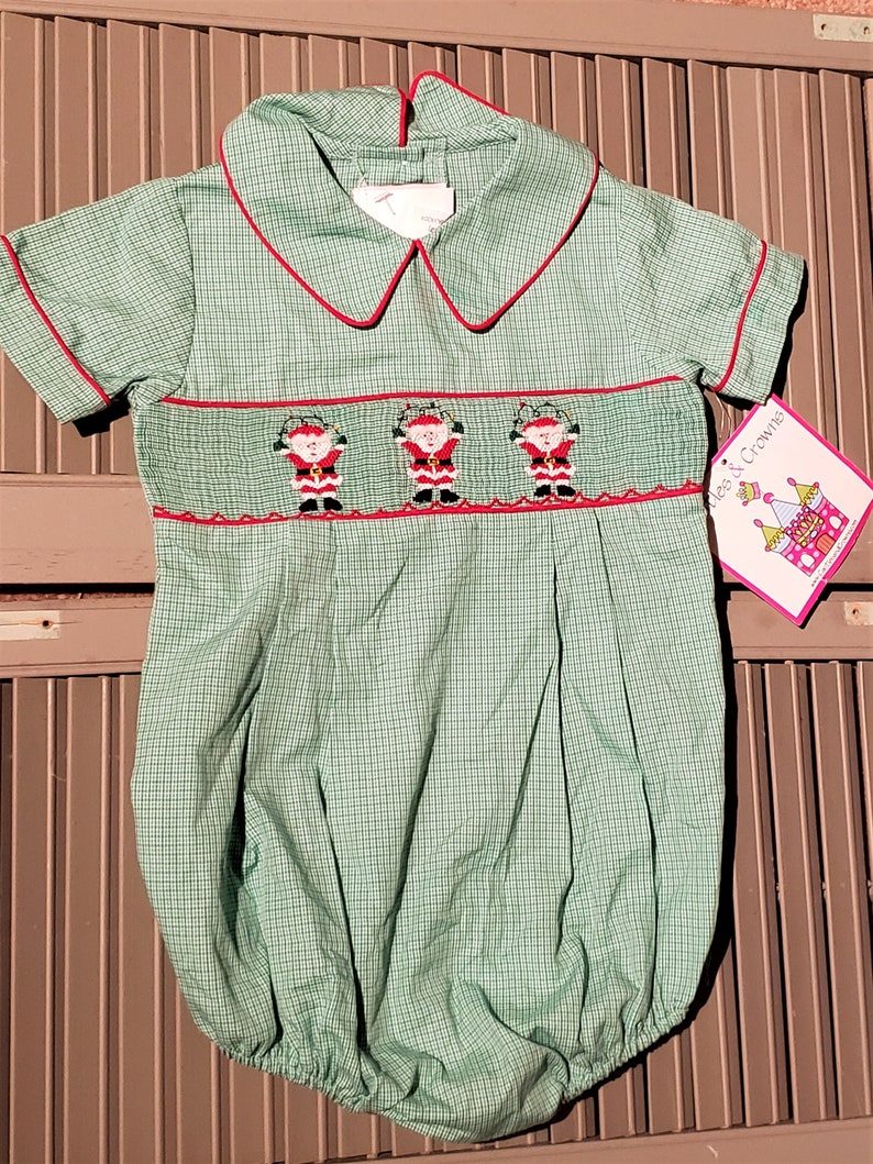 Christmas rompers. Adorable little girl or boy greenwhite gingham vintage Christmas rompers.