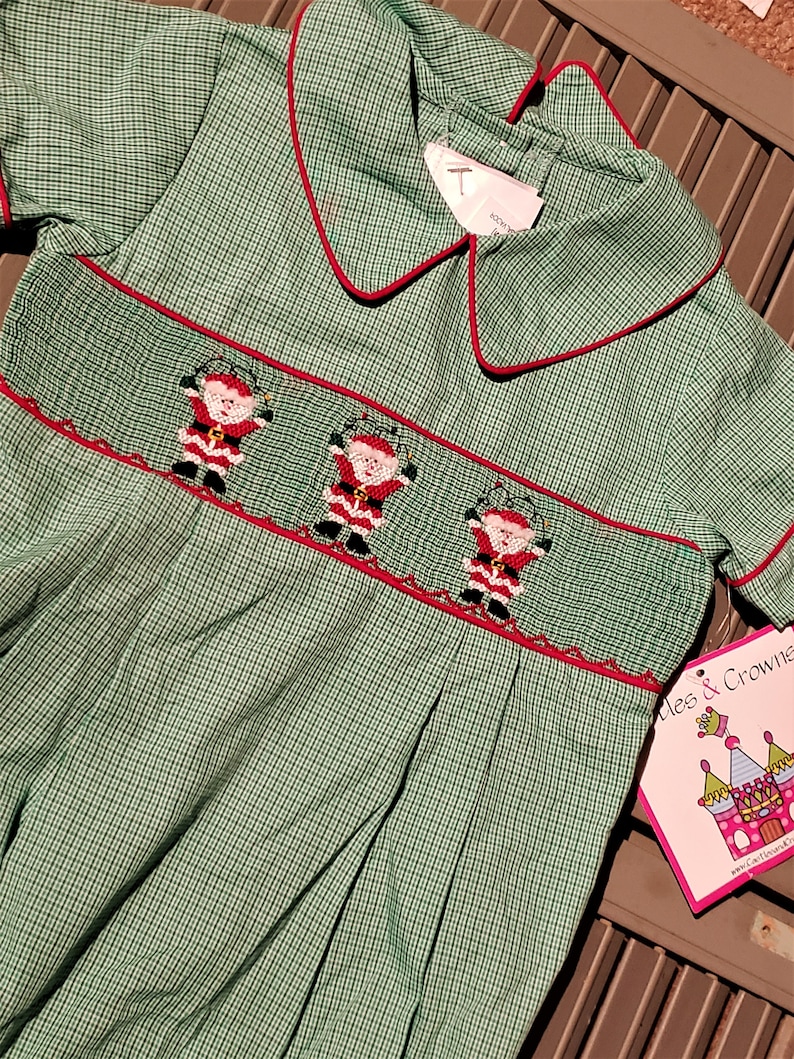 Christmas rompers. Adorable little girl or boy greenwhite gingham vintage Christmas rompers.