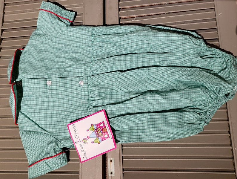 Christmas rompers. Adorable little girl or boy greenwhite gingham vintage Christmas rompers.