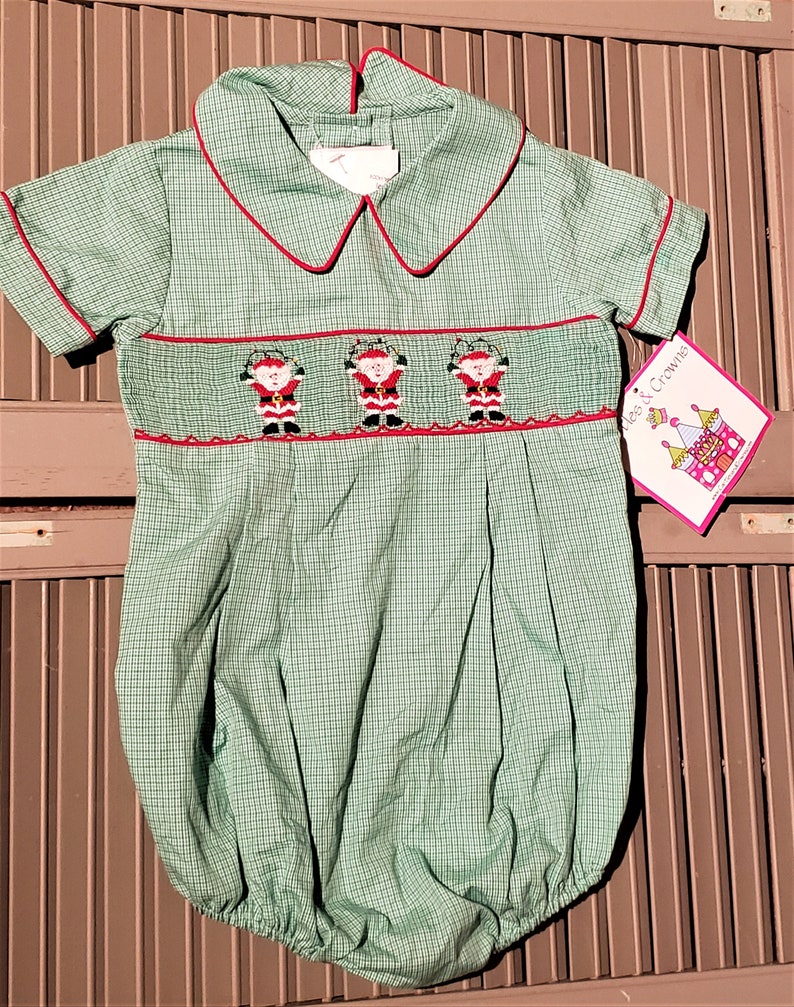 Christmas rompers. Adorable little girl or boy greenwhite gingham vintage Christmas rompers.