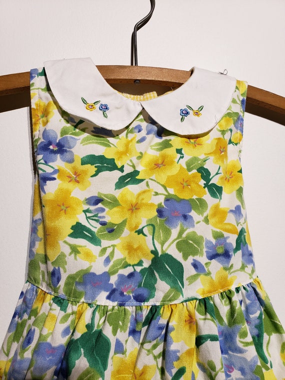 with decrotive watering pot An adorable little girl grape blue vintage gingham dress Free Shipping and a flower pot of daisy flowers.