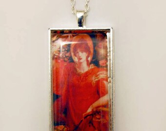 Pre Raphaelite necklace 'A Vision of Fiametta' by Dante Gabriel Rossetti, glass pendant on leather cord/ silver plated chain (both included)