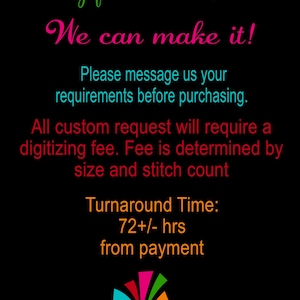 May include: Black background with text in various colors. The text reads "Looking for custom Patches? We can make it!" and other details about custom patch orders, including turnaround time and a logo for Crea Atin Love.