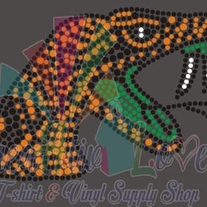 May include: A colourful mosaic design of a snake's head with black, orange, green and white dots. The snake's mouth is open and its tongue is sticking out.