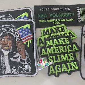 May include: Embroidered patches featuring a portrait and text. One patch shows a person with American flags and the text "ONCE". Other patches read "NBA YOUNGBOY" and "MAKE AMERICA SLIME AGAIN".