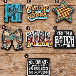 Western & Sassy Embroidered Patches, Mama Patch, Vintage Soul, Turquoise Bow, Checkered Star, Hat Bar Supplies
