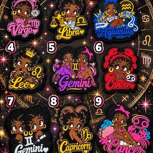 May include: A collection of nine embroidered patches featuring cartoon characters representing zodiac signs including Virgo, Libra, Aquarius, Leo, Gemini, Cancer, and Capricorn, each with vibrant colors, bold lettering, and distinct astrological symbols.
