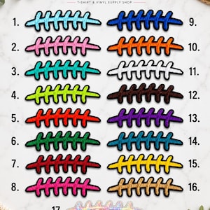 May include: A collection of seventeen embroidered patches shaped like football laces, numbered one through seventeen. Each patch features a distinct color, including light blue, pink, teal, lime green, red, dark green, maroon, magenta, blue, orange, white, brown, purple, dark teal, yellow, gold, and a holographic finish.