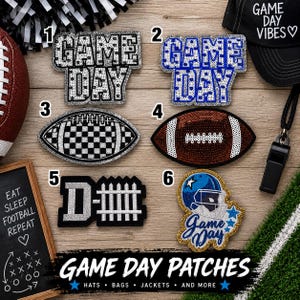 May include: Six decorative patches for apparel and accessories. Patch 1 and 2 feature the text GAME DAY in sequins. Patch 3 is a checkered football, patch 4 is a brown football, patch 5 shows a D and a fence, and patch 6 is a helmet with GAME DAY.