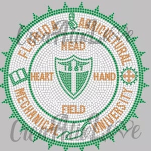 May include: A green and orange circular design with the text "Florida Agricultural and Mechanical University" around the outside. The centre of the design features a shield with a cross and the text "TRUE HEART, TRUE HAND, TRUE FIELD".