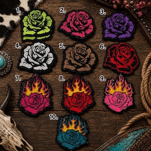 May include: Ten embroidered rose patches numbered one through ten. Patches one through six are solid colored roses in lime green, pink, purple, white, brown, and red. Patches seven through ten are roses with yellow and orange flames above them.