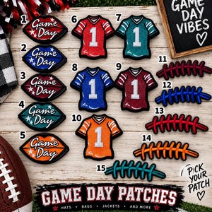 May include: A collection of fifteen iron-on patches featuring five lip-shaped designs with the text Game Day, five jersey-shaped designs with the number 1, and five football lace designs in various colors including red, blue, teal, and orange.