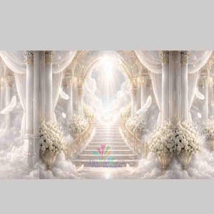 Pode incluir: Impressão de arte digital que retrata uma cena celestial com colunas brancas, escadas e nuvens. A imagem apresenta uma atmosfera brilhante e etérea com iluminação suave e arranjos florais. O tema geral é angelical e sereno.