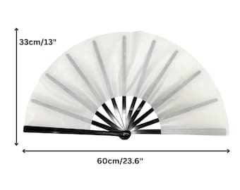 May include: White fabric fan with black wooden ribs and a black handle. The fan is 13 inches tall and 23.6 inches wide.