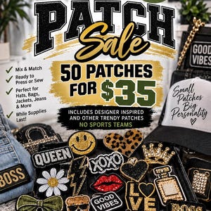 May include: A collection of assorted decorative patches featuring various shapes and designs including a smiley face, leopard print heart, crown, lips, teddy bear, and text like QUEEN, BOSS, and XOXO, displayed on a black tray with promotional text.