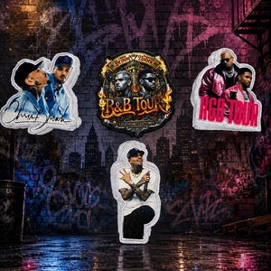 May include: A collection of four die-cut stickers featuring Chris Brown and 21 Savage. One sticker shows Chris Brown in a white t-shirt, another features the text "The R&B Tour" with portraits, one shows Chris Brown in denim, and one says "R&B Tour" in pink.