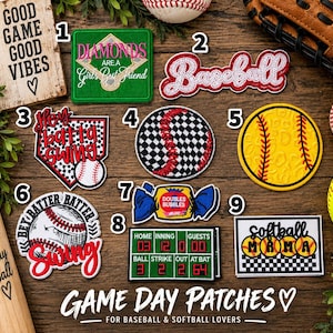 May include: A collection of nine embroidered patches featuring baseball and softball themes, including text like Diamonds Are A Girl's Best Friend, Hey Batta Swing, and Softball Mama, alongside designs of balls, a scoreboard, and a candy wrapper.