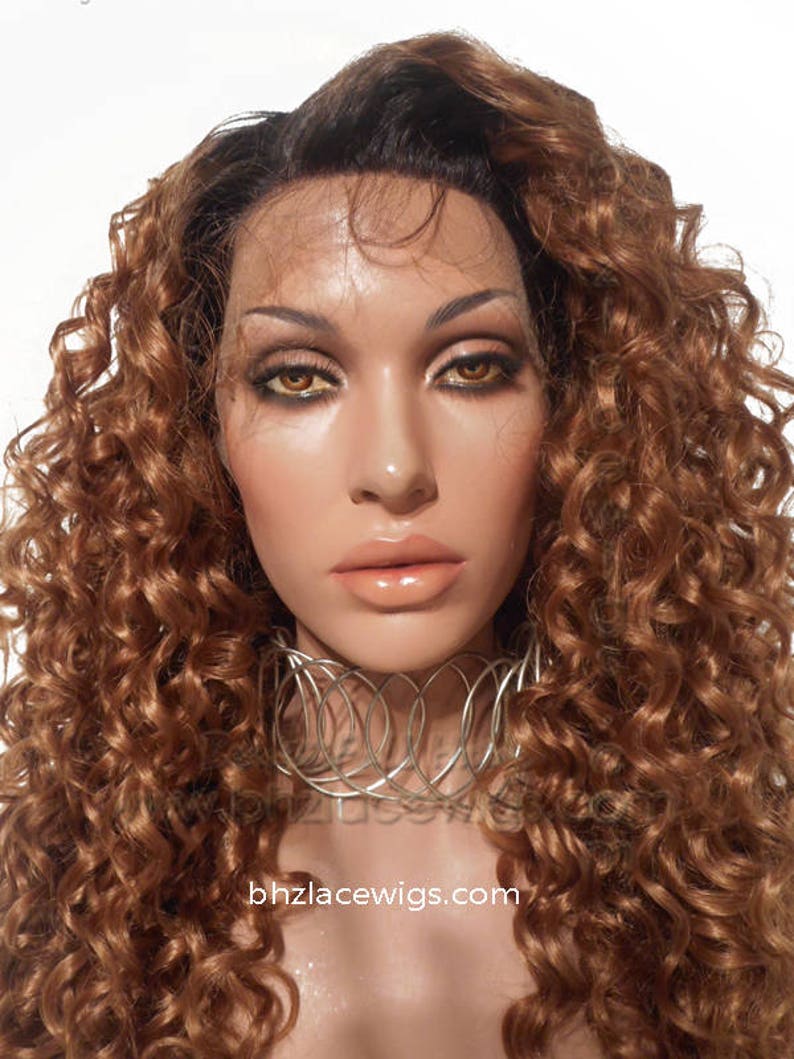 Sale Dark Root Medium Gold Blonde Curly Lace Front Wig Etsy