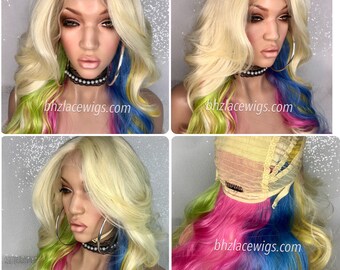 NEW Blonde Lace front wig pink blue yellow, Blonde wig blonde hair blonde lace wig blonde extensions blonde hairstyle blond peekaboo colors