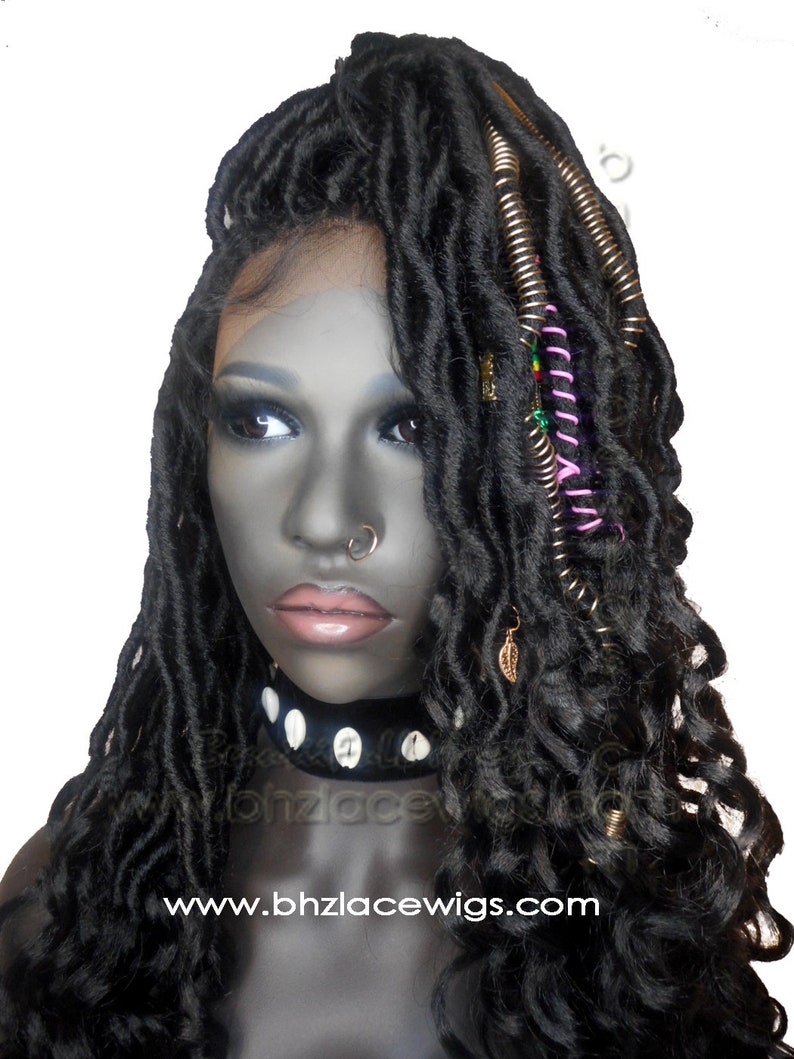 EXCLUSIVE Black goddess locs faux locs dread lock Lace Front Wig black locs lace front wig braided wig Fully Hand twisted Lace Wig 画像 3