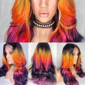 NEW! Stunning multicolor lace front wig purple wig pink wig yellow wig rainbow wig Venus long layers straight hair straight wig bob wig