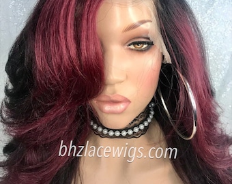 Valentina Dark Root burgundy red money piece  deep wine Body curl lace front wig Lace wig lace front Red wig maroon wig lace front wig