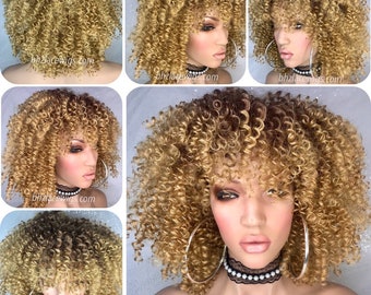 Kymbella golden blonde mix Full cap Curly Perm wig  rod set wig natural hair full cap wig hair curly wig kinky soft twist curly style