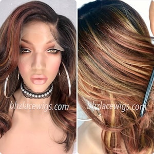 New! Preplucked Dark Root Mixed reds, browns, and blondes Body curl Bronx lace front wig Lace wig lace front Chunky highlights