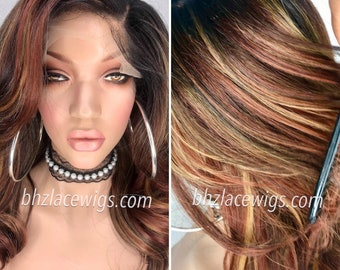 New! Preplucked Dark Root Mixed reds, browns, and blondes Body curl Bronx lace front wig Lace wig lace front Chunky highlights