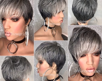 EXCLUSIVE// Auntie Etta Gray wig Funky Short wig short gray hair silver hair salt and pepper hair FULL CAP wig bob Bridal hair whole wig