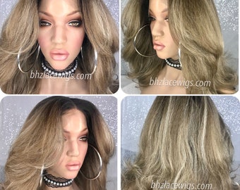 Dawna Dark Root Mixed ash blondes Body curl lace front wig blonde Lace wig ash blonde lace front curly lace wig blonde hair middle part