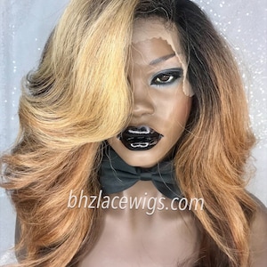 Karmen Dark Root chunky browns money piece golden Blonde Body curl lace front wig Lace wig lace front Brown wig blonde wig lace front wig