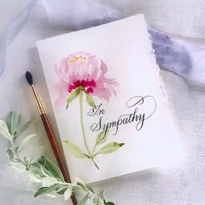 Hand Painted Floral Sympathy Card, Watercolor Flower Condolence Card, Pink Peony,  Original Art and Calligraphy