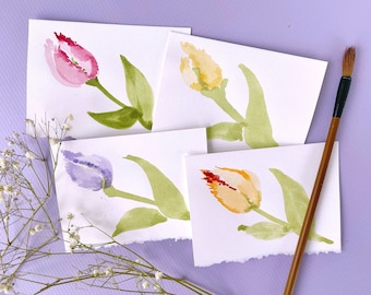 Tarjetas de tulipán de acuarela, tarjetas de notas de flores pintadas a mano, arte original